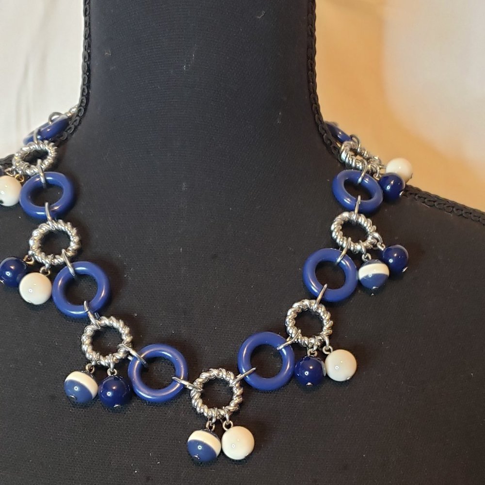 Talbots Navy Blue and White with Silver Toned Beaded Necklace
